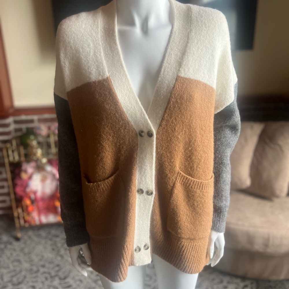 Madewell Colorblock Cardigan in Cream, Brown, and Gray